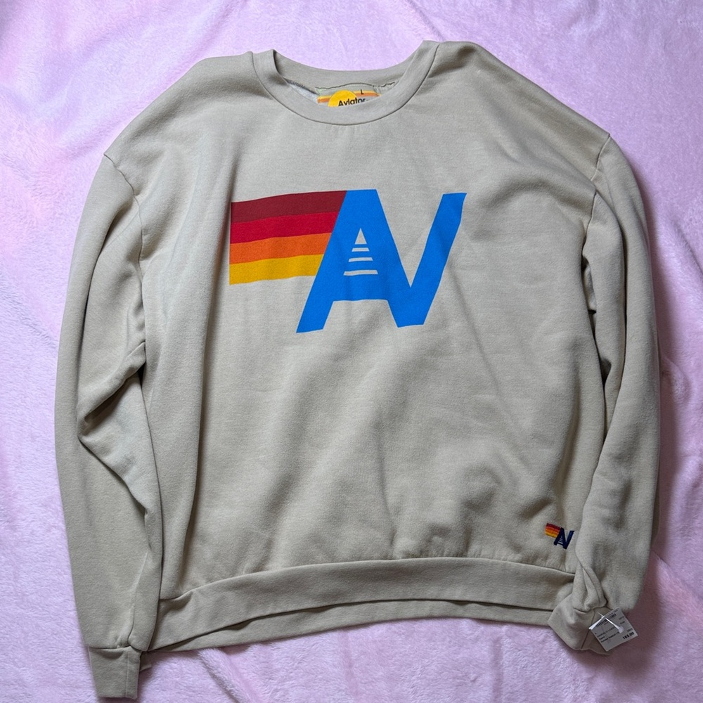 Aviator Nation Beige Sweater with Blue and Red Accents